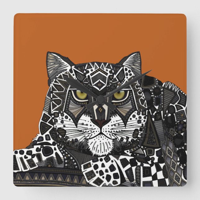 snow leopard orange square wall clock (Front)