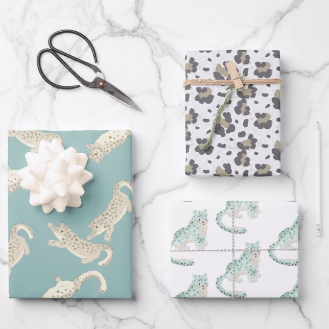 Snow Leopard Pattern Blue Wrapping Paper Sheet (Front)