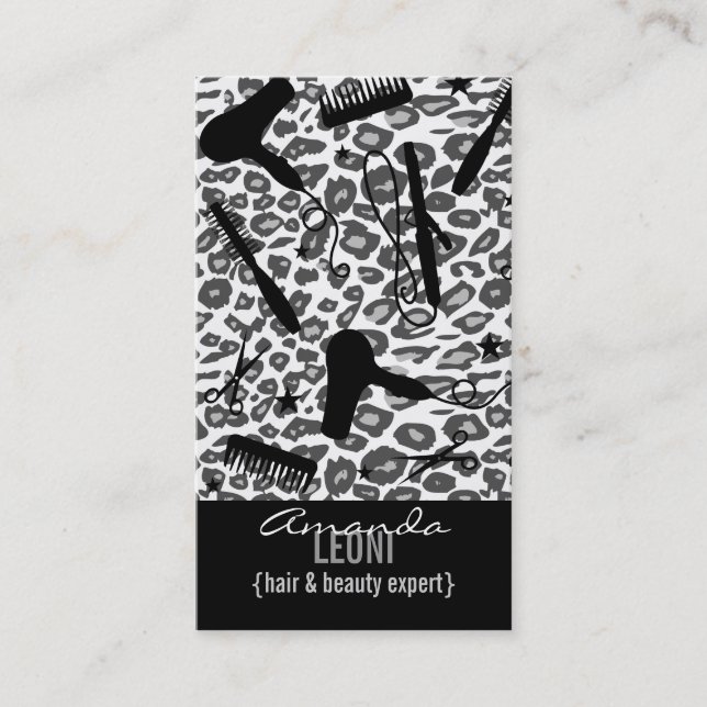 Snow Leopard Print Salon Tools Vertical Business Card (Front)