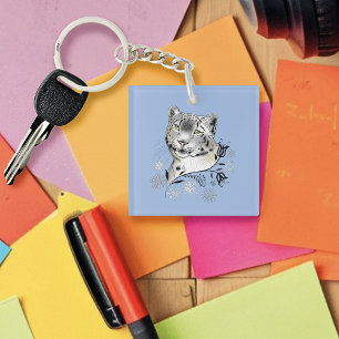 Snow Leopard Snowflakes Blue Flowers Key Ring