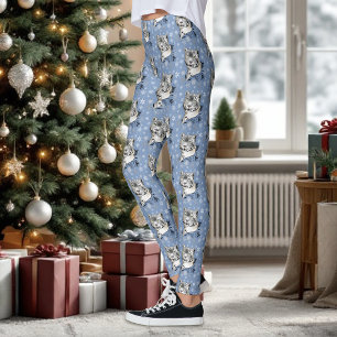 Snow Leopard  Snowflakes Blue Flowers Leggings