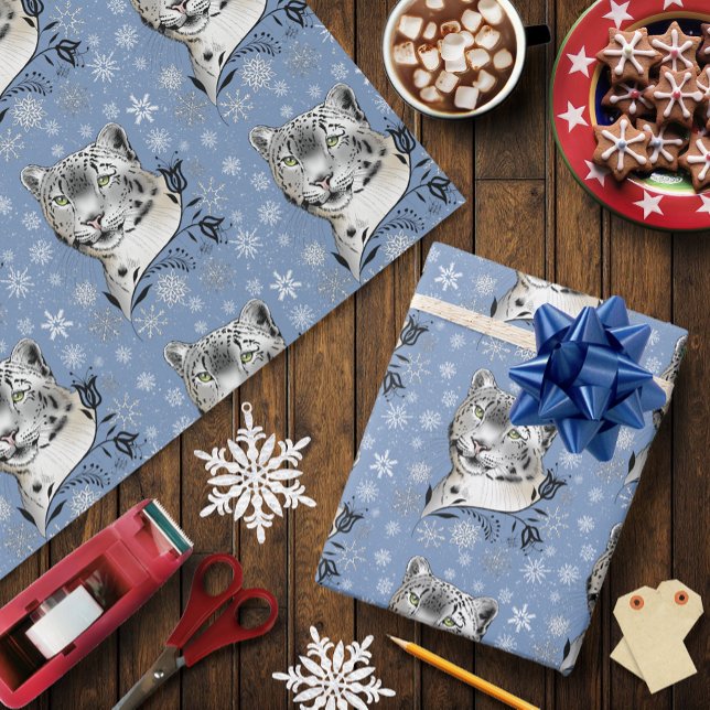Snow Leopard Snowflakes Blue Flowers Wrapping Paper (Creator Uploaded)