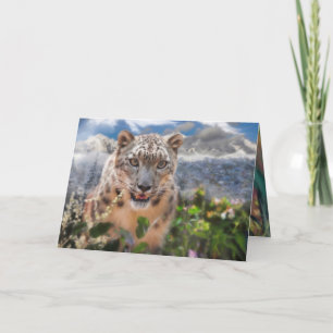 SNOW LEOPARD SPRINGTIME FLOWERS CARD