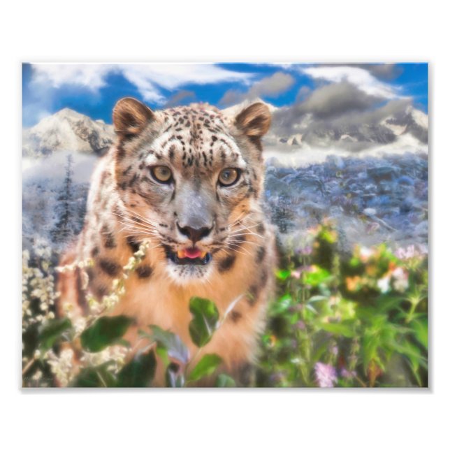 SNOW LEOPARD SPRINGTIME FLOWERS PHOTO PRINT (Front)