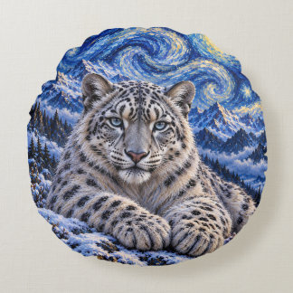 Snow Leopard Starry Night – Blue Mountain Wildlife Round Cushion