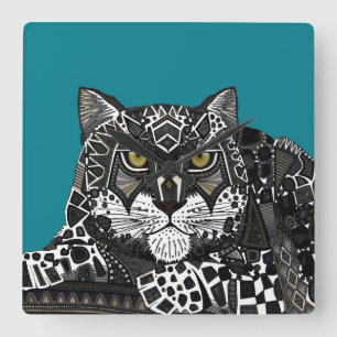 snow leopard teal blue square wall clock