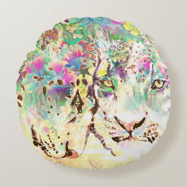 Snow leopard tropical flowers Hawaiian animal Round Cushion (Front)