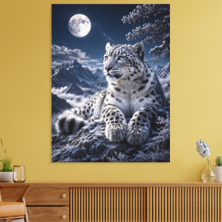 Snow Leopard Under the Full Moon – Blue Snowy Moun Canvas Print