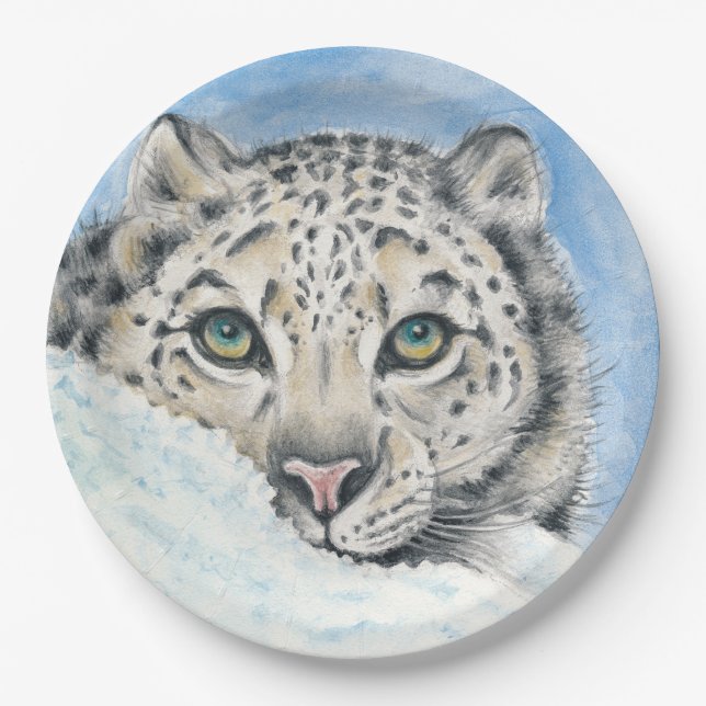 Snow Leopard Watercolor Art Paper Plate (Front)