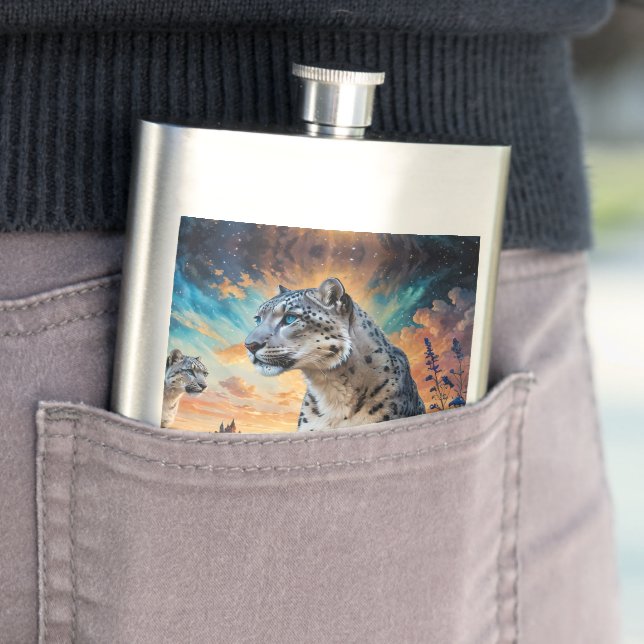 Snow Leopard Wildfire Sunrise reflection Hip Flask (In Situ)