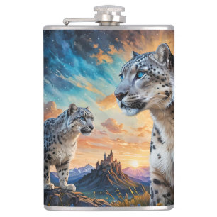 Snow Leopard Wildfire Sunrise reflection Hip Flask