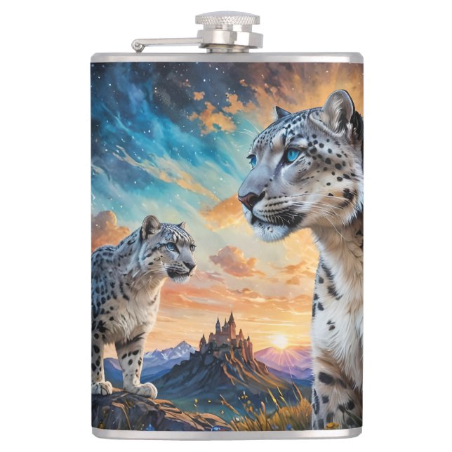 Snow Leopard Wildfire Sunrise reflection Hip Flask (Front)