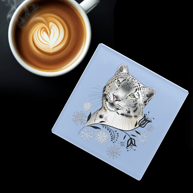 Snow Leopard Winter Elegance Blue Snowflakes Glass Coaster (Creator Uploaded)