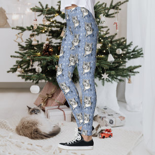 Snow Leopard Winter Elegance Blue Snowflakes Leggings