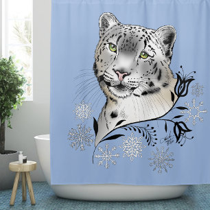 Snow Leopard Winter Elegance Blue Snowflakes Shower Curtain