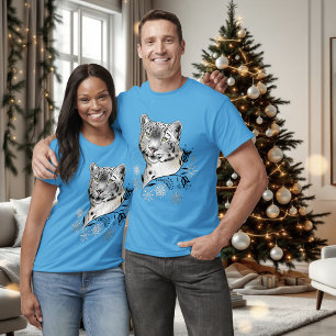 Snow Leopard Winter Elegance Blue Snowflakes T-Shirt