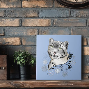 Snow Leopard Winter Elegance Blue Snowflakes Tile