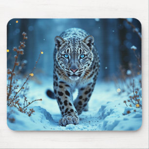 Snow leopard winter majestic blue-eyed predator mouse mat
