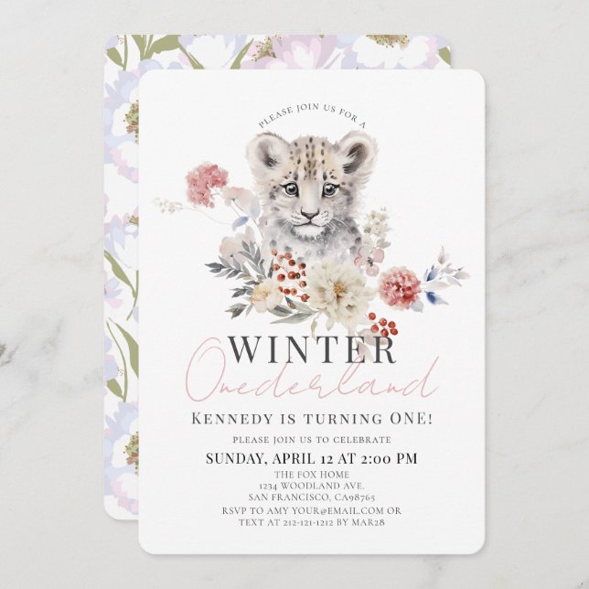 Snow Leopard Winter Onederland Girl 1st Birthday Invitation (Front/Back)