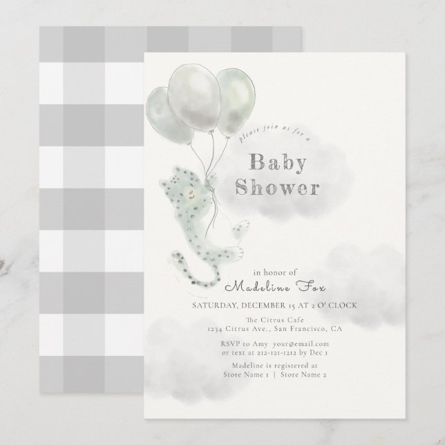 Snow Leopard with Balloons Grey Baby Shower Invitation (Front/Back)