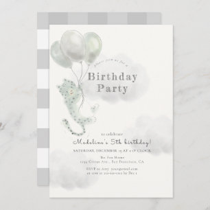 Snow Leopard with Balloons Grey Birthday Invitation