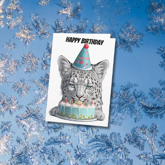 Snow Leopard with birday hat Card