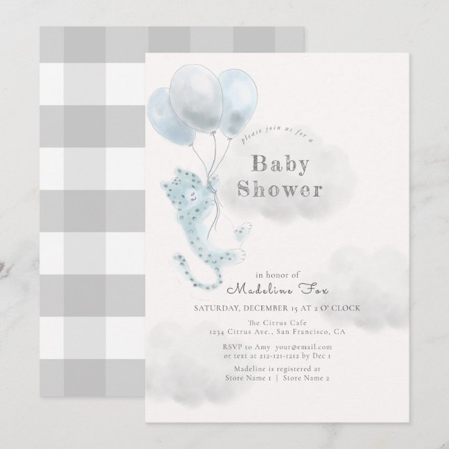 Snow Leopard with Blue Balloons Boy Baby Shower Invitation (Front/Back)