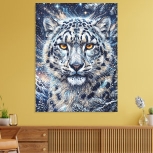 Snow Leopard with Golden Eyes and Ice Crystals Canvas Print