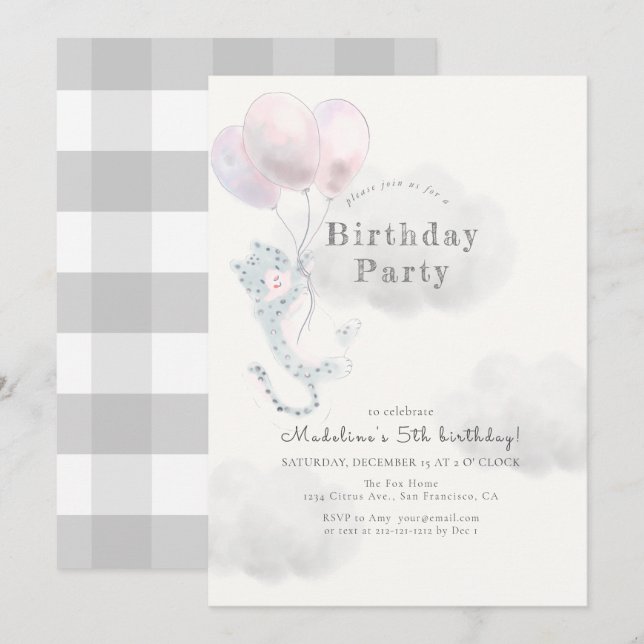 Snow Leopard with Pink Balloons Birthday Invitation (Front/Back)