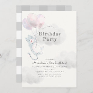 Snow Leopard with Pink Balloons Birthday Invitation
