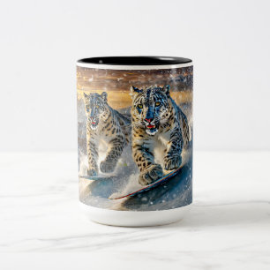 Snow Leopards Shredding Design by Rich AMeN Gill Two-Tone Coffee Mug