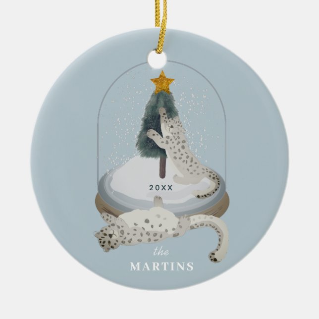 Snow Leopards Snow Globe Light Blue Holiday Photo Ceramic Tree Decoration (Front)