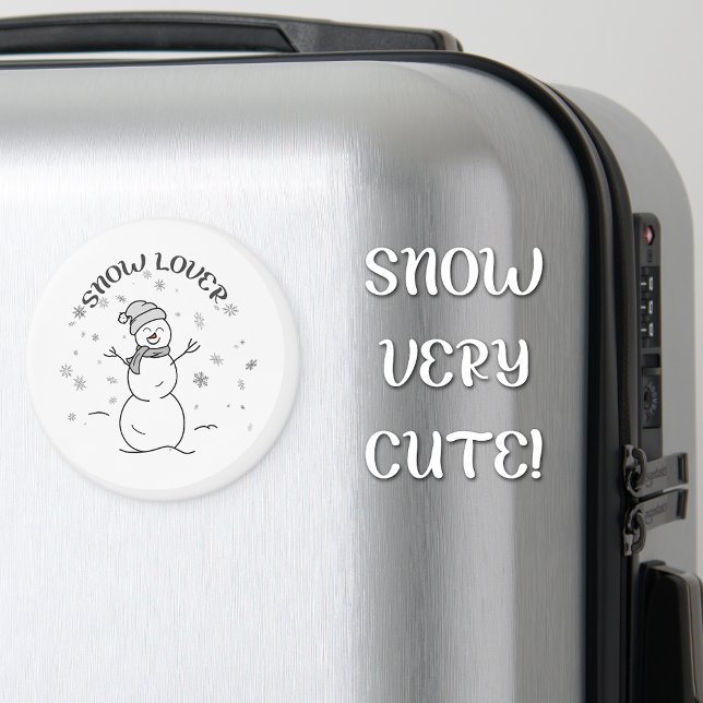 Snow Lover Cute Snowman Fridge Magnet              (Fridge magnet with a grayscale illustration of a happy snowman, snowflakes, and SNOW LOVER text.)