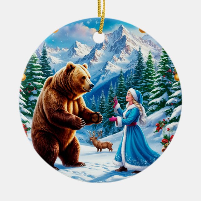 Snow Maiden Enchanting Winter Scene Ceramic Tree Decoration (Front)