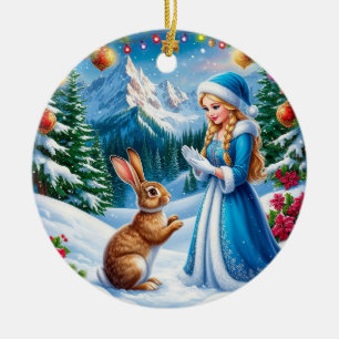 Snow Maiden in Winter Woodland Scene With rabbit Ceramic Tree Decoration