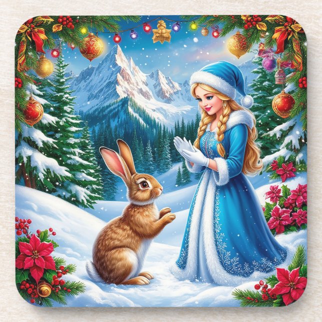Snow Maiden in Winter Woodland Scene With rabbit Coaster (Front)
