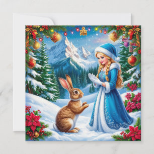Snow Maiden in Winter Woodland Scene With rabbit Holiday Card