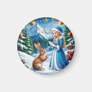 Snow Maiden in Winter Woodland Scene With rabbit Magnet