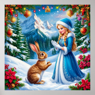 Snow Maiden in Winter Woodland Scene With rabbit Poster
