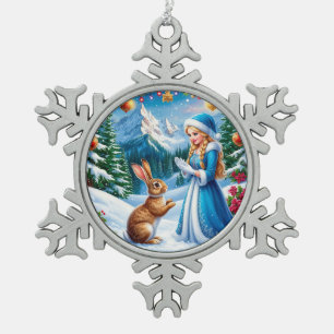 Snow Maiden in Winter Woodland Scene With rabbit Snowflake Pewter Christmas Ornament