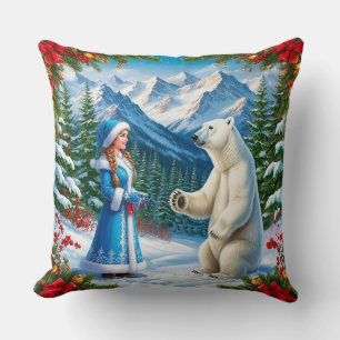 Snow Maiden with Festive Decor and Polar Bear Cushion