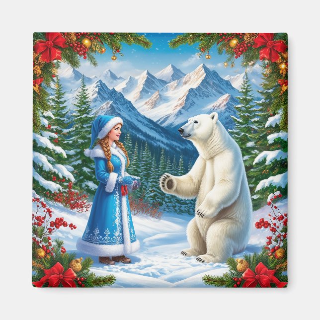 Snow Maiden with Festive Decor and Polar Bear Magnet (Front)