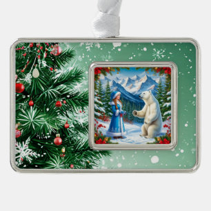 Snow Maiden with Festive Decor and Polar Bear Silver Plated Framed Ornament
