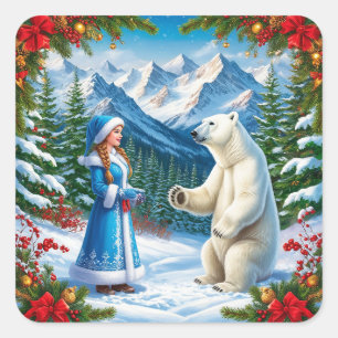 Snow Maiden with Festive Decor and Polar Bear Square Sticker