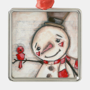 Snow Man and Red Bird - Ornament