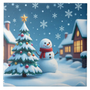 Snow man at Christmas Eve Ceramic Tile