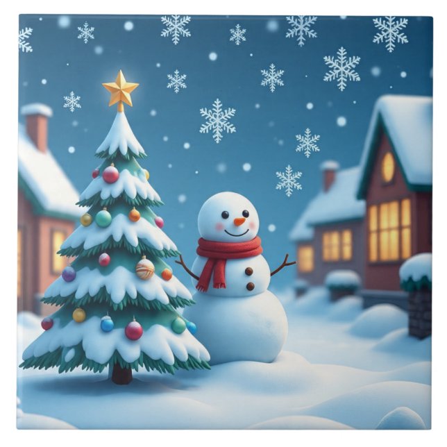 Snow man at Christmas Eve Ceramic Tile (Front)