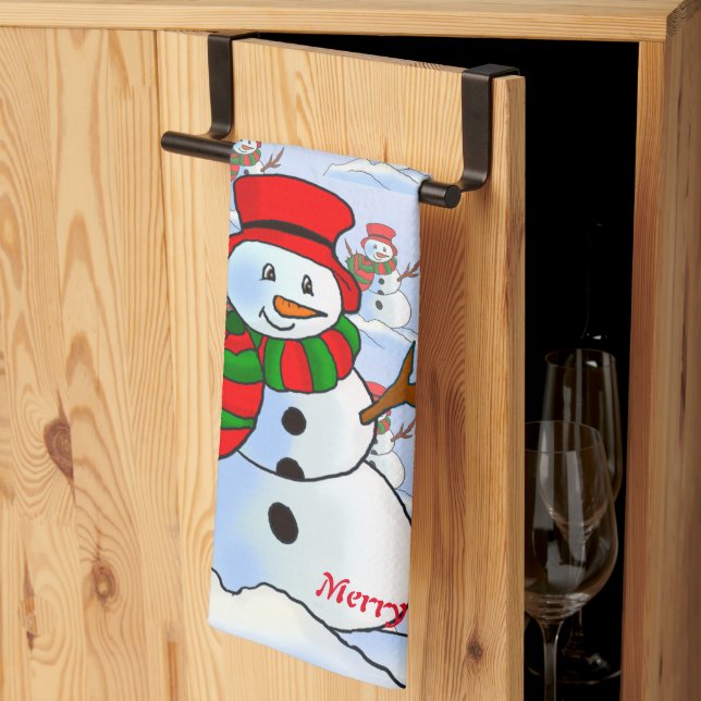 Snow man on blue background and snowflakes tea towel (Thirds Fold)