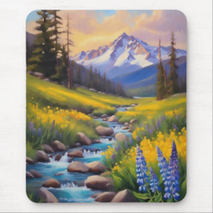 Snow Melt In The Mountains Wildflowers Painting Mouse Mat