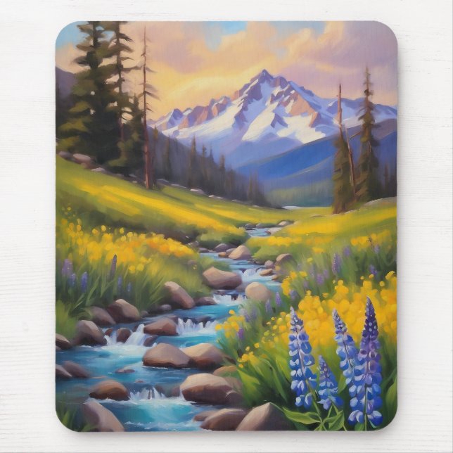 Snow Melt In The Mountains Wildflowers Painting Mouse Mat (Front)